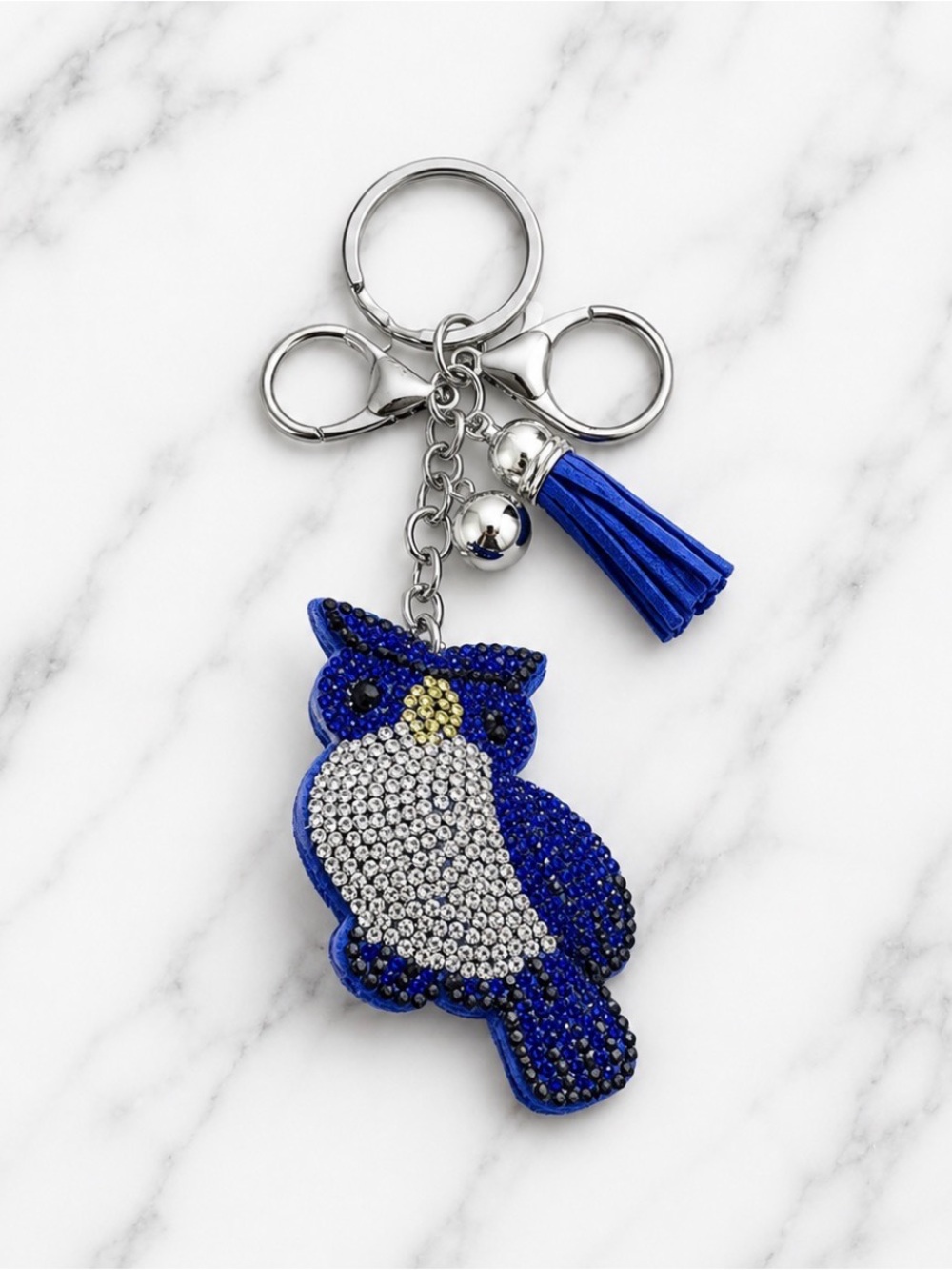 Blue and White Rhinestoned Owl Bag Charm/Keyring on Silver Hardware